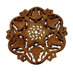 Hand Carved Wood Floral Inlay Leaves Trivet/Plant Stand Made In India Decor